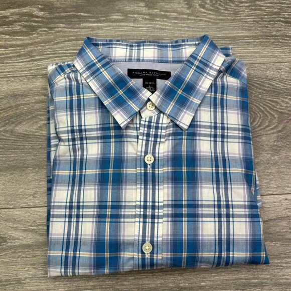 Banana Republic Soft Wash Dress Shirt Men's Large Blue Plaid Button Up Preppy - Picture 12 of 13